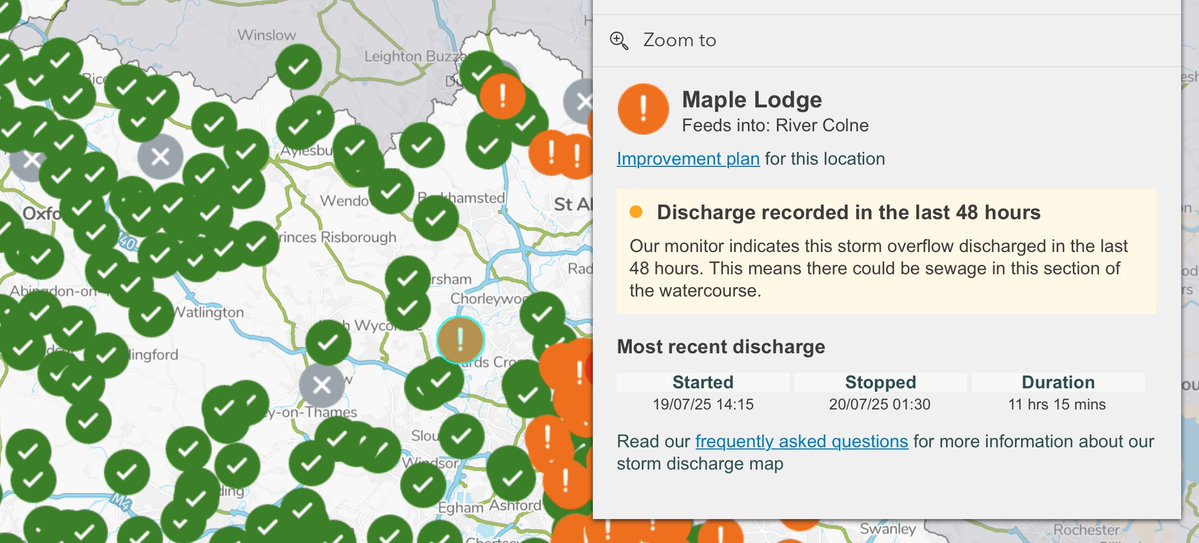 PJennings88's tweet image. A little rain in Colne catchment, not much & certainly not exceptional & yet Maple Lodge Sewage Treatment Works (STW) discharges for over 11 hours. This STW has been failing for years well in advance of the operator being forced to take HS2 waste water, which continues today.