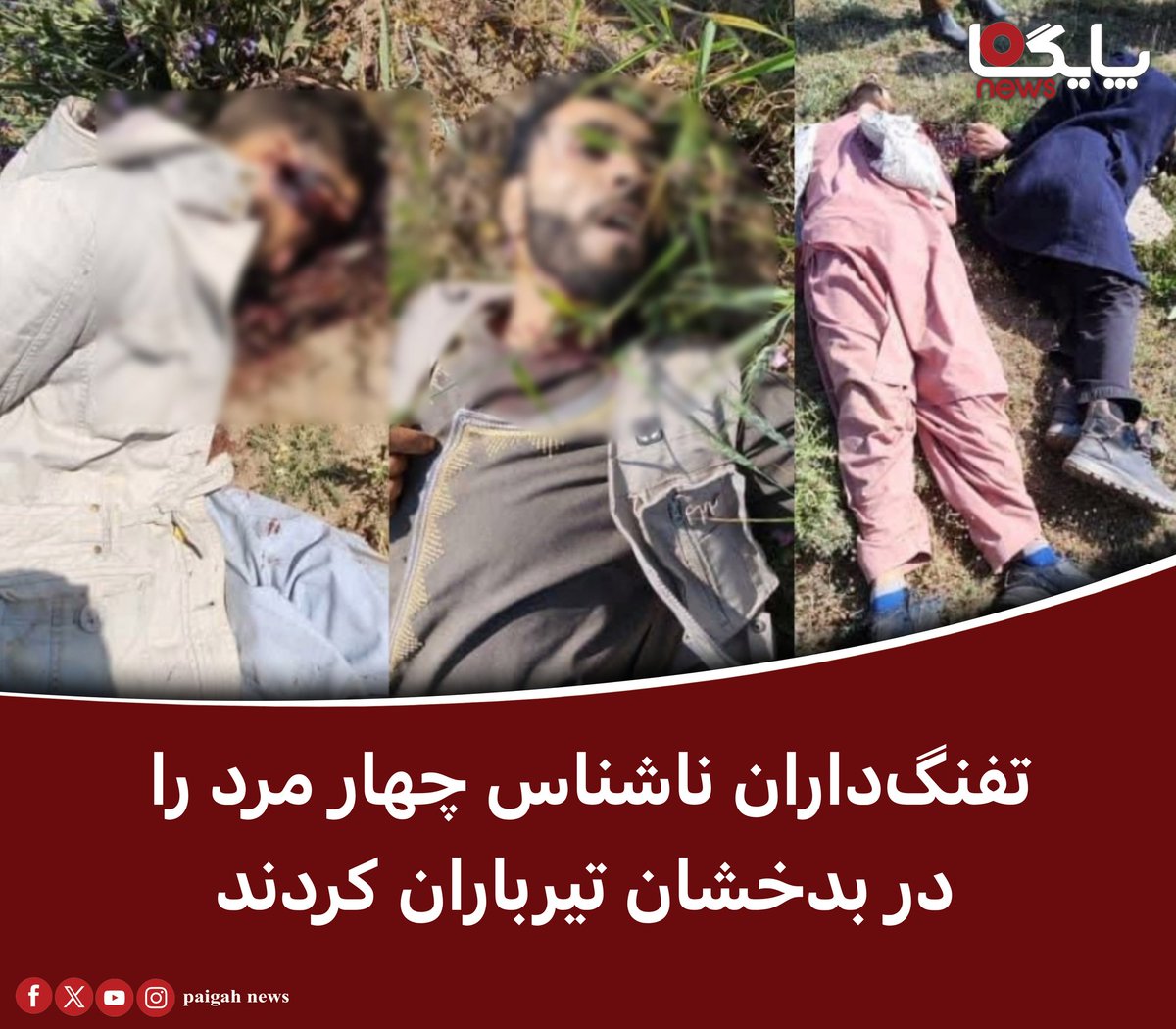 paigahnews_af's tweet image. منابع موثق در بدخشان میگویند که تفنگداران ناشناس چهار مرد را در مربوطات ولسوالی راغاستان این ولایت تیرباران کردهاند.
منابع روز یکشنبه، ۲۹ سرطان، به خبرگزاری پایگاه گفتهاند که این چهار تن شب گذشته، در کوتل سردشت ولسوالی راغستان بدخشان تیرباران شدهاند.
به گفتهی منابع،…