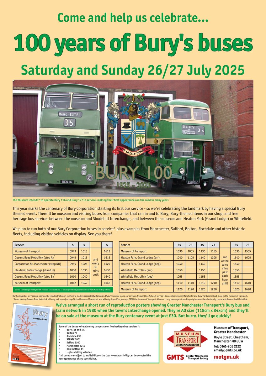 MoTGM's tweet image. Here's all the lowdown you need for our #Bury 100 event next weekend. We expect to be busy, and parking will be next to impossible - please, if you can, come by public transport either on our free shuttle services, or by frequent &amp;amp; accessible @BeeNetwork bus or Metrolink.