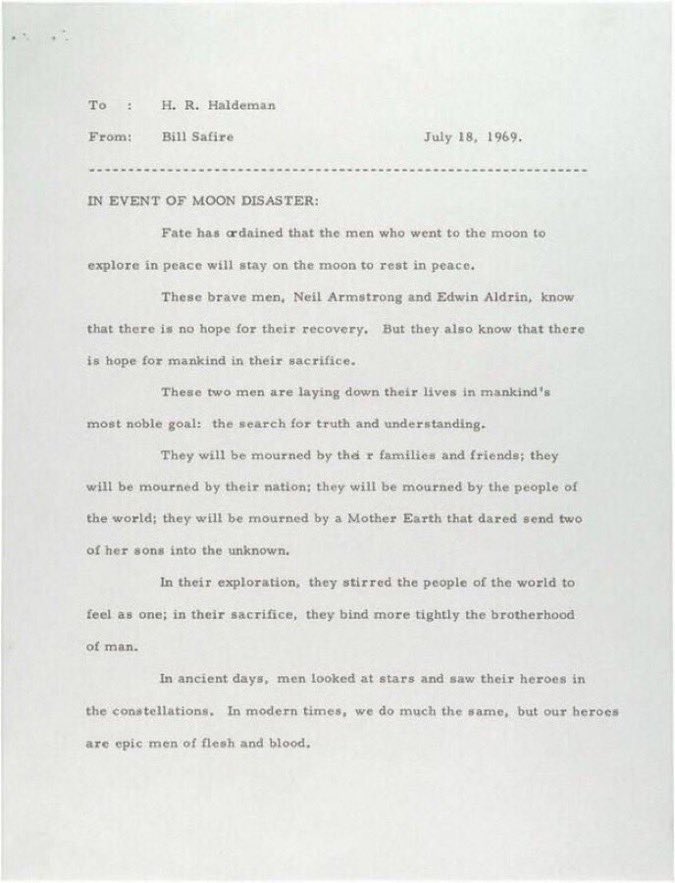 The official statement that was to be read out by President Richard Nixon in the event of the Apollo 11 astronauts not returning (1969).