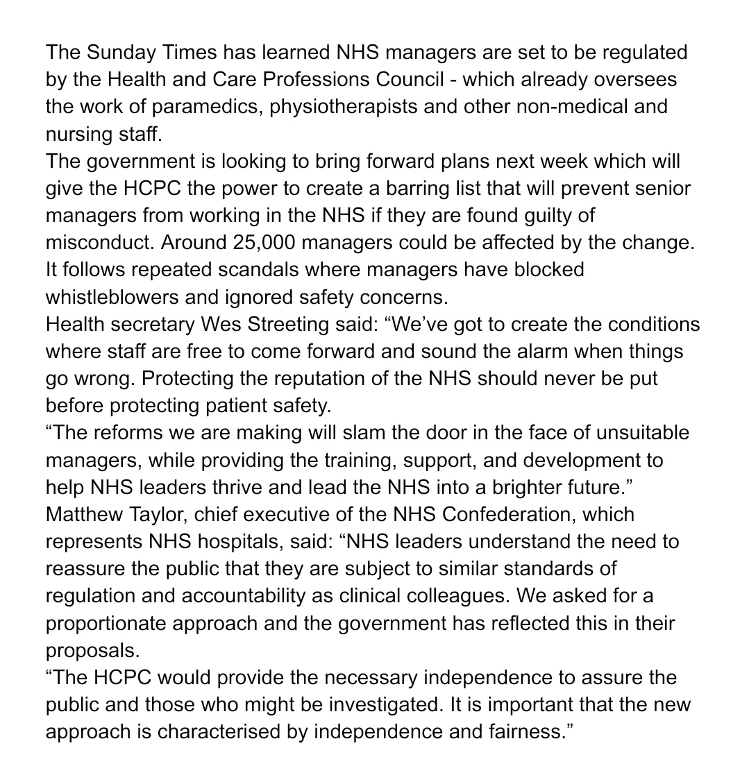🚨 Senior NHS managers are to be regulated by the <a href="/The_HCPC/">HCPC</a> with a barring list to prevent those guilty of misconduct from working again in the NHS. <a href="/wesstreeting/">Wes Streeting</a> says this "will slam the door in the face of unsuitable managers"