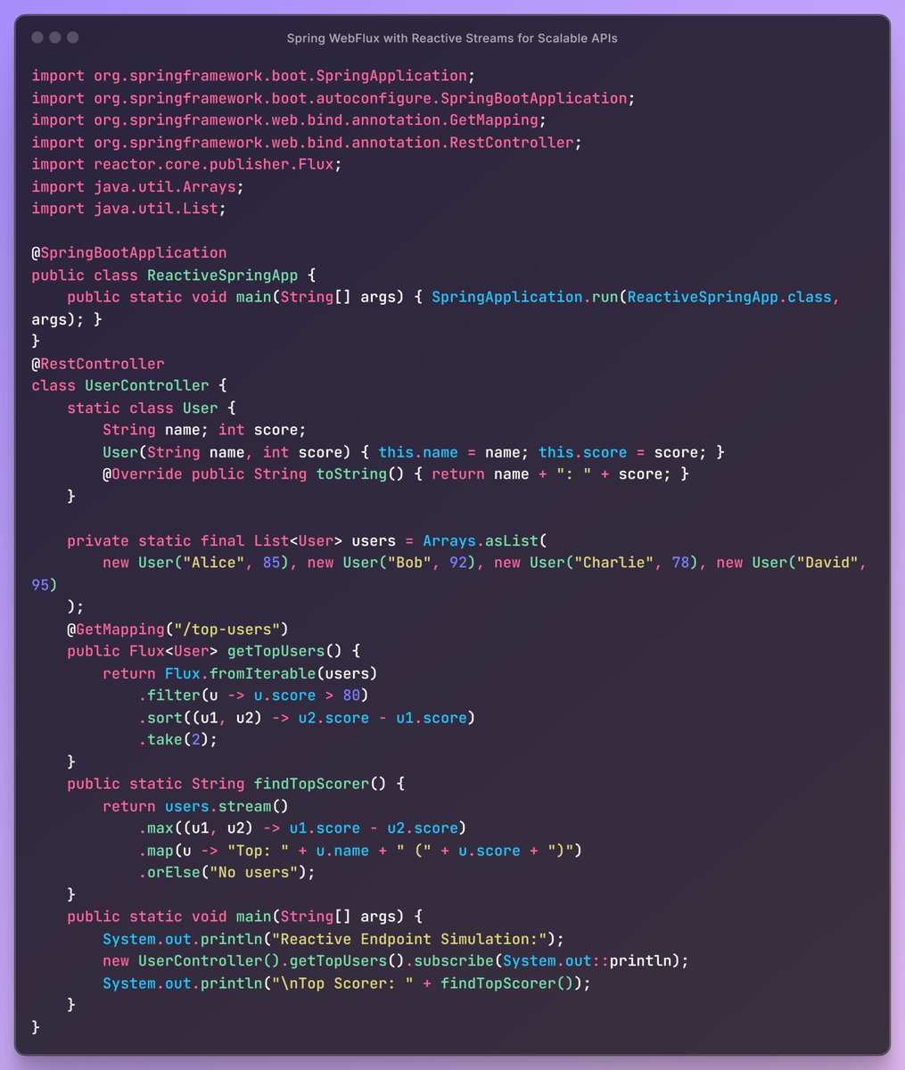 Spring WebFlux with Reactive Streams for Scalable APIs:
Spring WebFlux leverages reactive programming with Java Streams and Project Reactor to build non-blocking, scalable APIs. Reactive Streams process asynchronous data flows efficiently, ideal for high-throughput applications