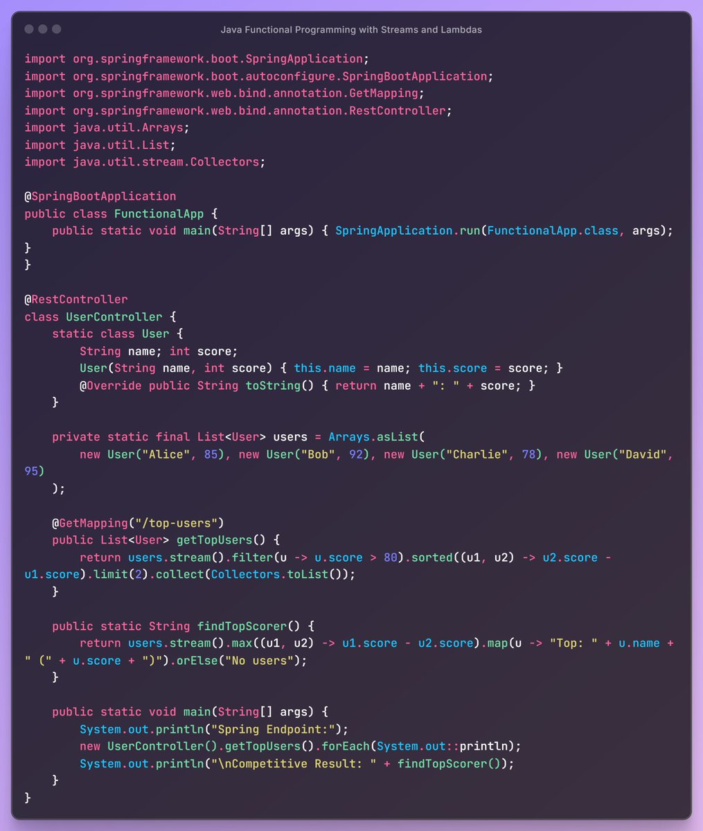 Java Functional Programming with Streams and Lambdas:
Streams handle filtering, sorting, and reducing, while lambdas simplify function definitions. In Spring, they power reactive APIs; in competitions, they optimize data tasks. The example below shows a Spring REST endpoint