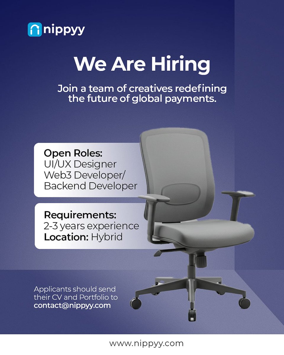 nippyyverse's tweet image. Nippyy is Hiring!
Join a bold fintech startup that is building more innovative, faster, cheaper, and borderless payment solutions.
📩 Send your resume + portfolio to: mailto:contact@nippyy.com
#Nippyy #TechJobs #NippyyHiring #FintechCareers #uiuxdesign #JobAlert