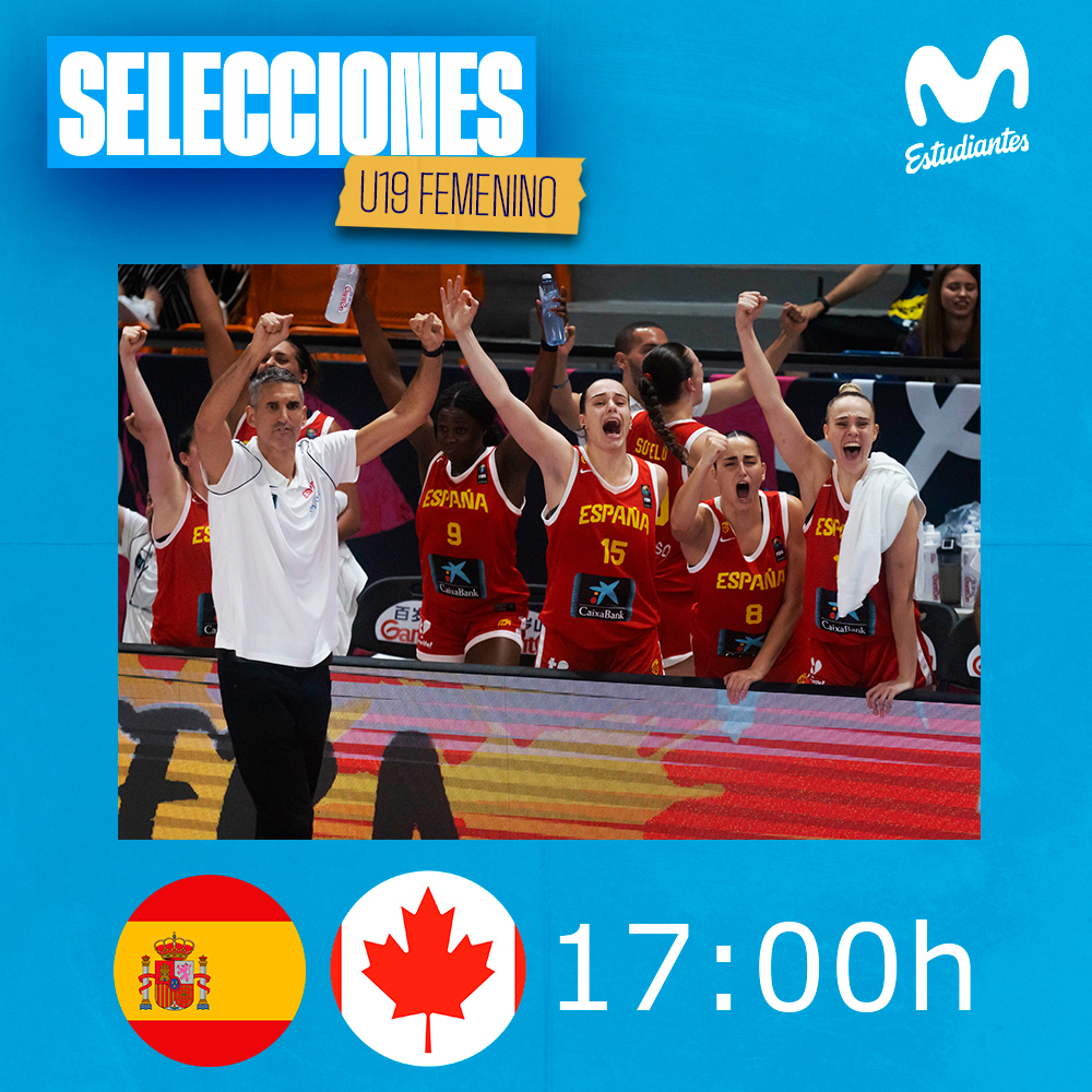 MovistarEstu's tweet image. 𝗖𝗔𝗡𝗧𝗘𝗥𝗔 | A la misma hora la #U19F de 🇪🇸 jugará por el bronce del Mundial 💪
🇪🇸🆚🇨🇦
⏰ 17:00h
📺 YouTube FIBA