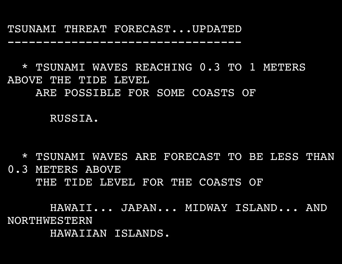 AustinShiloh1's tweet image. A cluster of powerful earthquakes has rocked Russia’s Kamchatka coast, the strongest in the series registering as a 7.4, and triggering tsunami warnings.
The tsunami warning was revised down for Hawaii and most of the pacific to be a very small wave (0.3m or less).