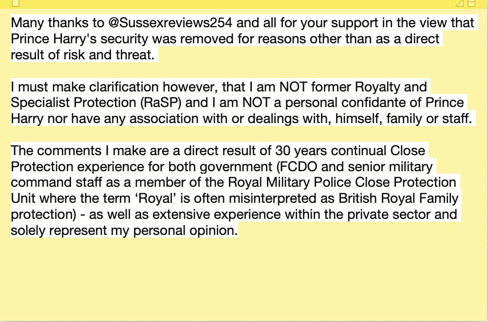 Many thanks to @Sussexreviews254 (youtube.com/@Sussexreviews…) and all for your support in the view that #PrinceHarry security was removed for reasons other than as a direct result of risk and threat...