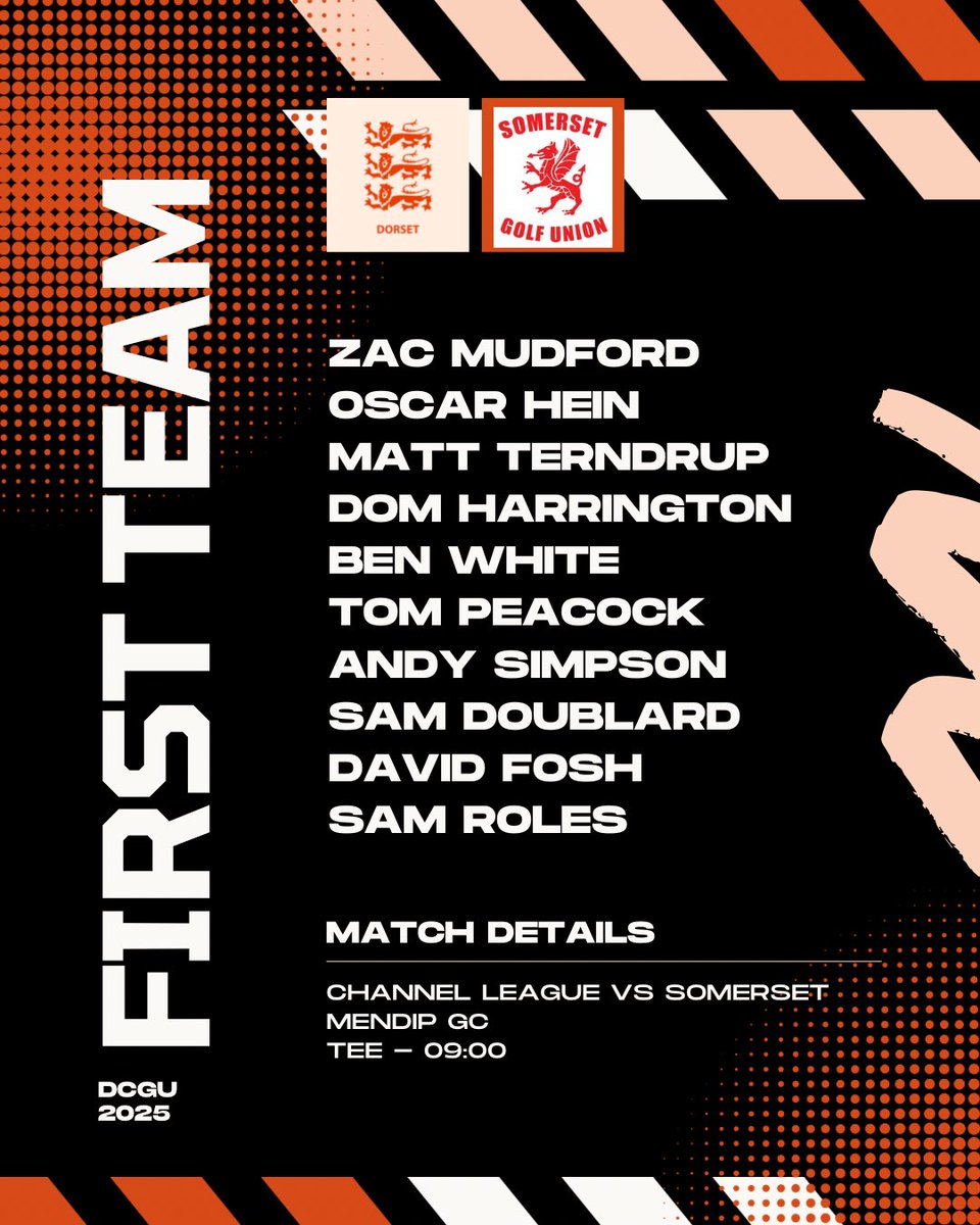 Looking to make it 5/5 in the Channel League this season, our Men’s First Team have just got underway vs Somerset at The Mendip Golf Club. 

Here’s your Dorset team for today. Best of luck lads! 💪⛳️

#golf #DorsetGolf #countygolf #channelleague