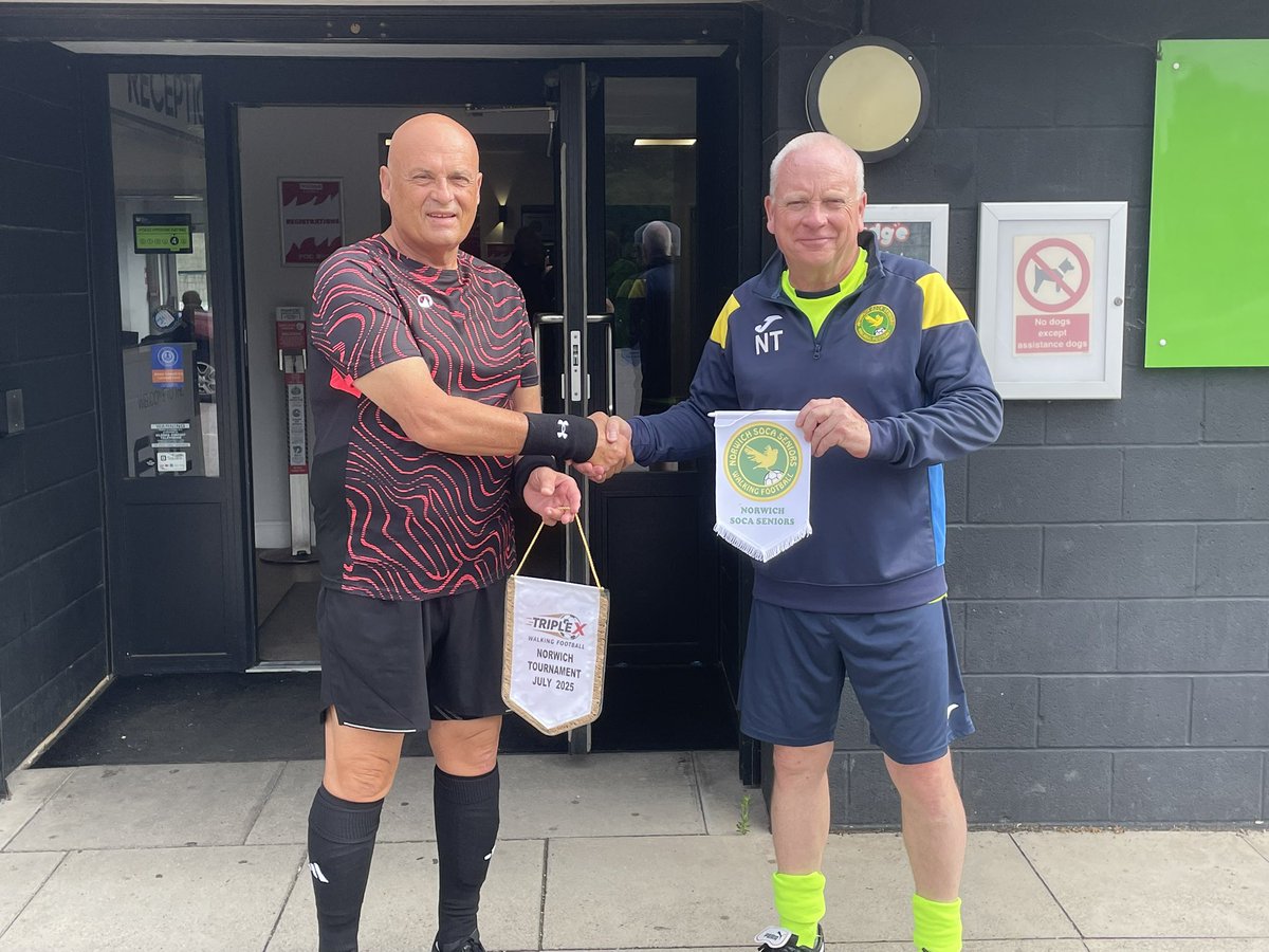 Nev our Chairman welcoming Albert from Triple X who have travelled from Malta 
Have a great day guys 
#charitytournament 
#WalkingFootball