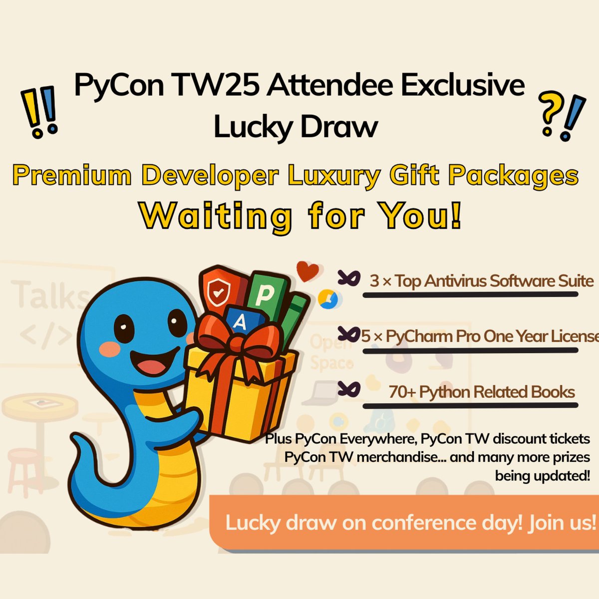 PyConTW's tweet image. 📅 Sept 5-7, Taipei New Horizon
🎫 Tickets: lihi.cc/snfQr
📋 Program: lihi.cc/vAqCx
#PyConTW2025 #PythonCommunity #Highlights
