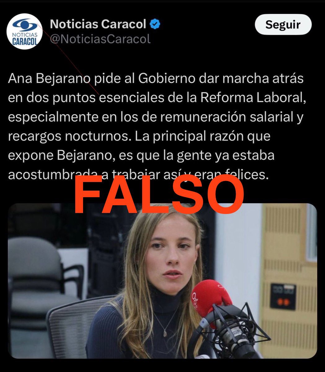 Esta imagen es falsa. Ni yo ni Noticias Caracol hemos dicho eso. Parece increíble tener que advertirlo, pero lo hago porque la están compartiendo como si fuese real.