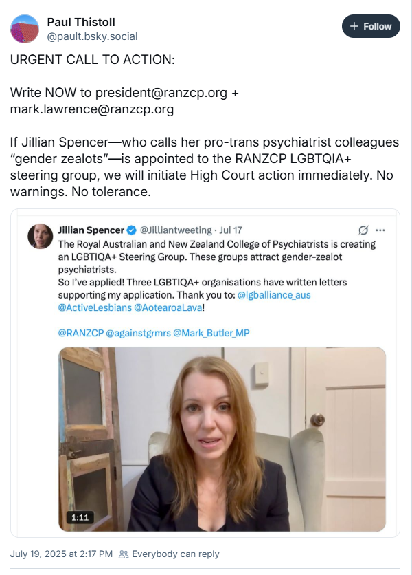 Jilliantweeting's tweet image. This is just what the Royal Australian and New Zealand College of Psychiatrists needs: a legal battle. Yep, I'm ready. @RANZCP @FSUofAustralia @HumanRightsLawA @Mark_Butler_MP