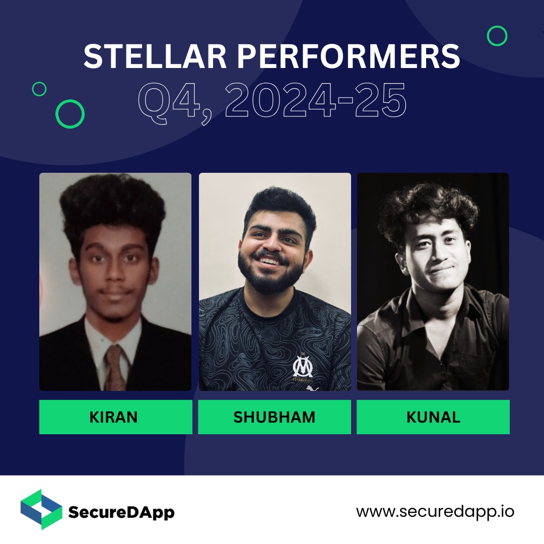 Proud to celebrate the Stellar Performers of Q4, 2024-25 at SecureDApp!

Congratulations to Kiran Kumar, Shubham Bhatia, and Kunal Chowdhury for their exceptional contributions and dedication.
At SecureDApp, we believe in recognizing talent that drives impact.