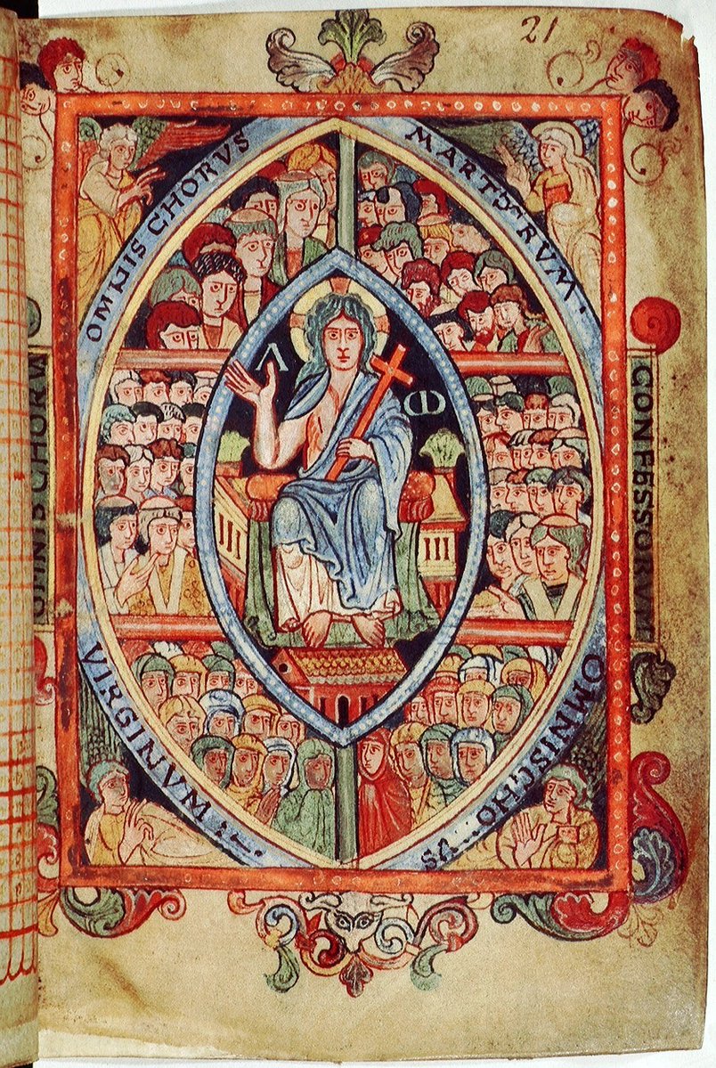 solas_na_greine's tweet image. Enthroned Christ surrounded by Heavenly Choirs from the Athelstan Psalter - 10th century Winchester, England
