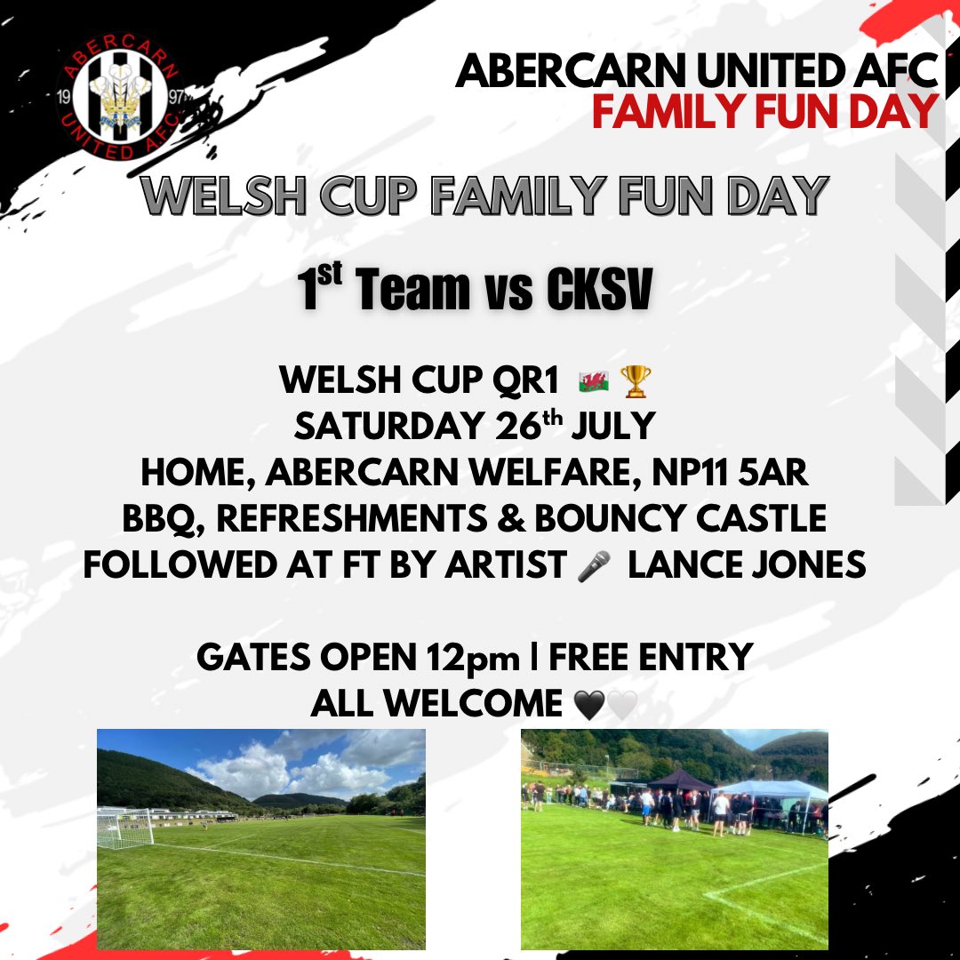 ⚽️ ☀️ 🍻 

Reminder 🚨 

Abercarn United AFC
Family Fun Day
*FREE ENTRY

Saturday 26th July - Welsh Cup QR1
Home vs <a href="/CKSV_AFC/">CKSV AFC</a> 

Live music, bbq &amp; bouncy castle!
All welcome!
Details below ⬇️ 

🎶 🍻 ☀️ 🍔 ⚽️

#AUFC

🖤🤍