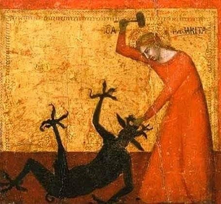 domestic_danger's tweet image. Today is the feast day of St Margaret of Antioch, variously credited with yelling at the devil so loudly he fled, gutting a dragon from the inside with her cross, and smacking Beelzebub with a hammer. This year's motto: Be More Margaret 🔨
