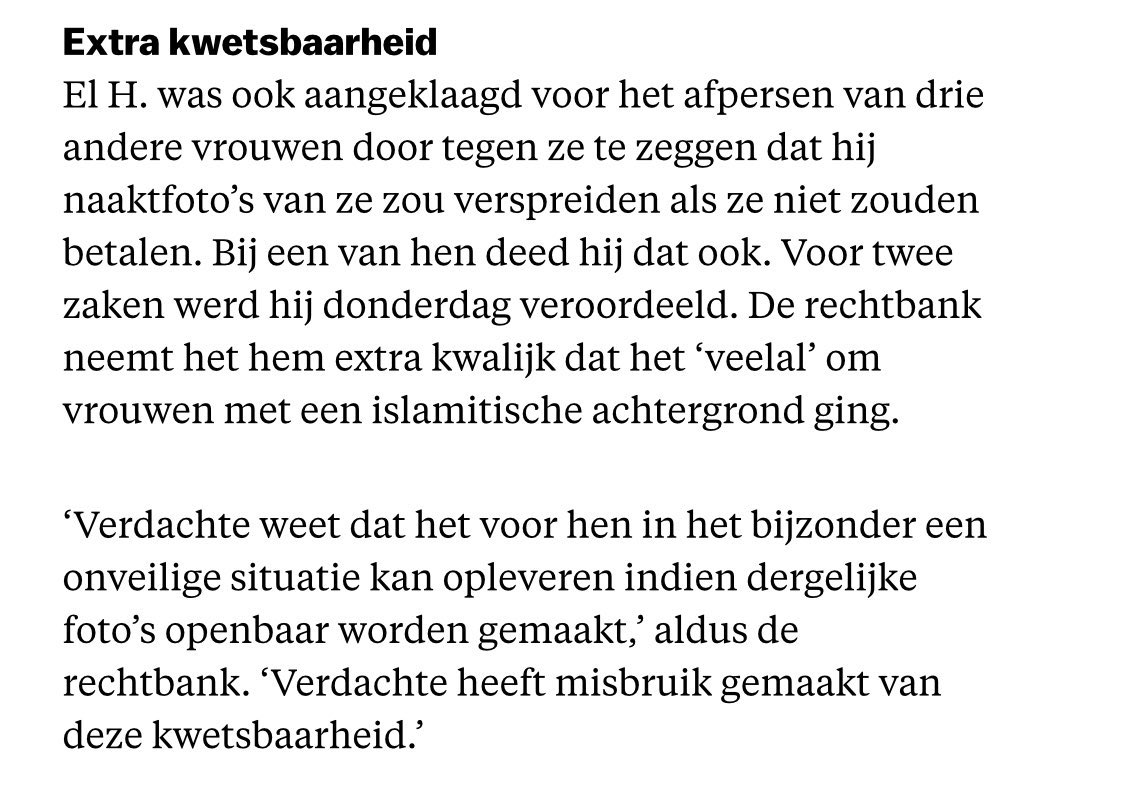 KimBoon94's tweet image. Bizarre overweging van de rechter in deze verkrachtingszaak.
Het verspreiden van naaktfoto’s van niet-islamitische vrouwen is voor deze rechter minder erg dan die van islamitische vrouwen. Let that sink in.
parool.nl/amsterdam/twin…