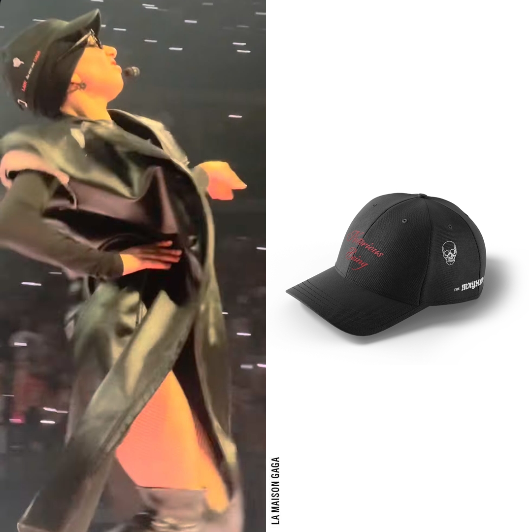 Lady Gaga closed the third Vegas night with "G.U.Y.", wearing the "Jumbo Tatlin" sleeveless vest in black liquid latex from @RickOwensOnline's Spring/Summer 2021 "Phlegethon" runway, and her own merch "Notorious Being" embroidered cap!