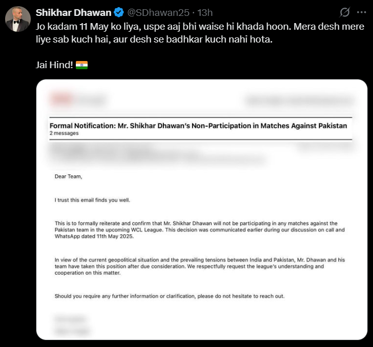 donewstoday's tweet image. ๐ฎ๐ณ Respect to Shikhar Dhawan ๐
"Jo kadam 11 May ko liya, uspe aaj bhi waise hi khada hoon. Mera desh mere liye sab kuch hai, aur desh se badhkar kuch nahi hota."
Not just a cricketer โ a true patriot.
Nation above everything.
Jai Hind! ๐ฎ๐ณ๐ฅ