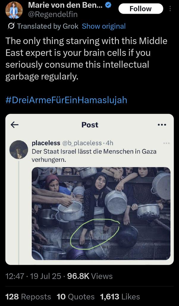 archivegenocide's tweet image. Marie has us blocked, but here she is denying the starvation in Gaza and insinuating this image is fake.
Log evidence like this from public figures in the Accountability Archive.