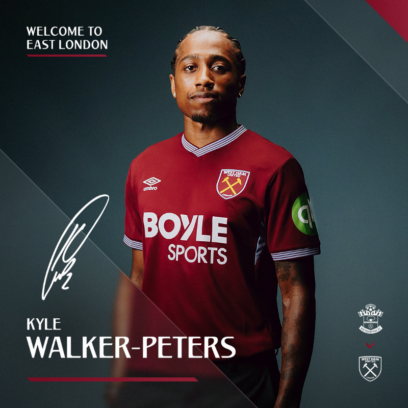 WestHam's tweet photo. West Ham United is delighted to announce the signing of England international defender Kyle Walker-Peters ✍️
