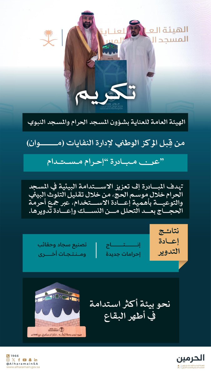 AlharamainSA's tweet image. المركز الوطني لإدارة النفايات (موان) يُكرم الهيئة العامة للعناية بشؤون الحرمين لمساهمتها في مبادرة "إحرام مستدام"
#المسجد_الحرام