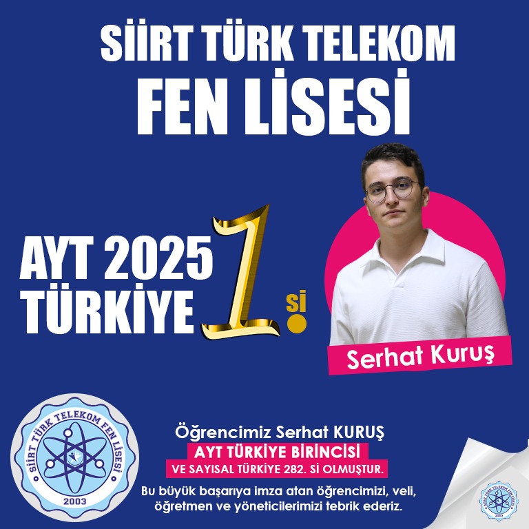 🎉🇹🇷 AYT Türkiye 1.si
📊 Sayısal Türkiye 282.si
🏆 #SiirtTürkTelekomFenLisesi

AYT'de tüm soruları doğru yanıtlayan öğrencimiz Serhat Kuruş’u kutluyor, emeği geçen öğretmen, idareci ve velilere teşekkür ediyorum. 👏

🎓 Gururluyuz!🌟