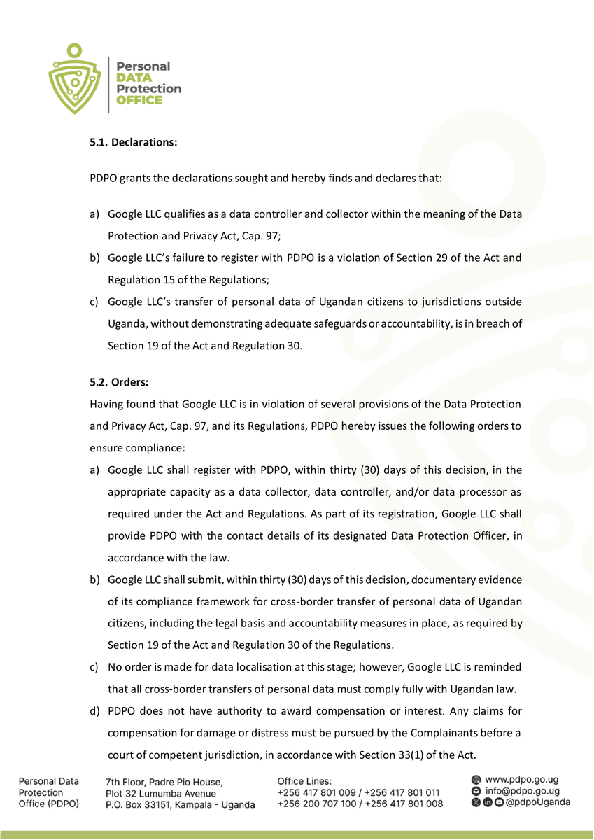 RayAmplifies's tweet photo. Yesterday, @pdpoUG ruled against @Google LLC for violating Uganda’s Data Protection Act by not registering as a data controller and transferring Ugandans’ data abroad without safeguards. A historic win for digital rights, ensuring tech giants respect our laws! #GoogleMustComply https://t.co/MRaDAOA9RT