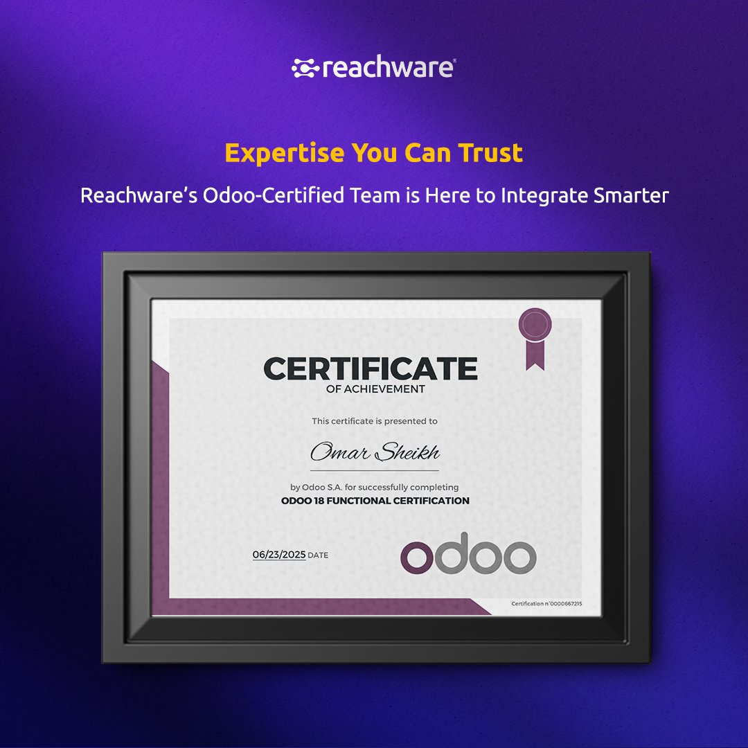 reachware_com's tweet image. Certified by @Odoo. Trusted by Businesses!
Two members of our team have successfully earned the Odoo 18 Functional Certification, showcasing our commitment to deep technical knowledge and world-class integration capabilities.
Congratulations to our certified team members 👏