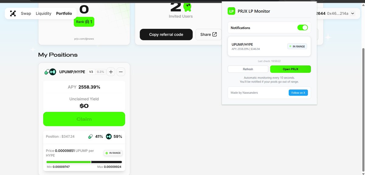 Nawsanders's tweet image. Today I created my @prjx_hl LP monitoring tool!
⤷ I was tired of checking my positions every 5 minutes just to see if they were still in range. So I built a simple bot that notifies me the second they go out of range.
⇝ Now I can relax and just farm.