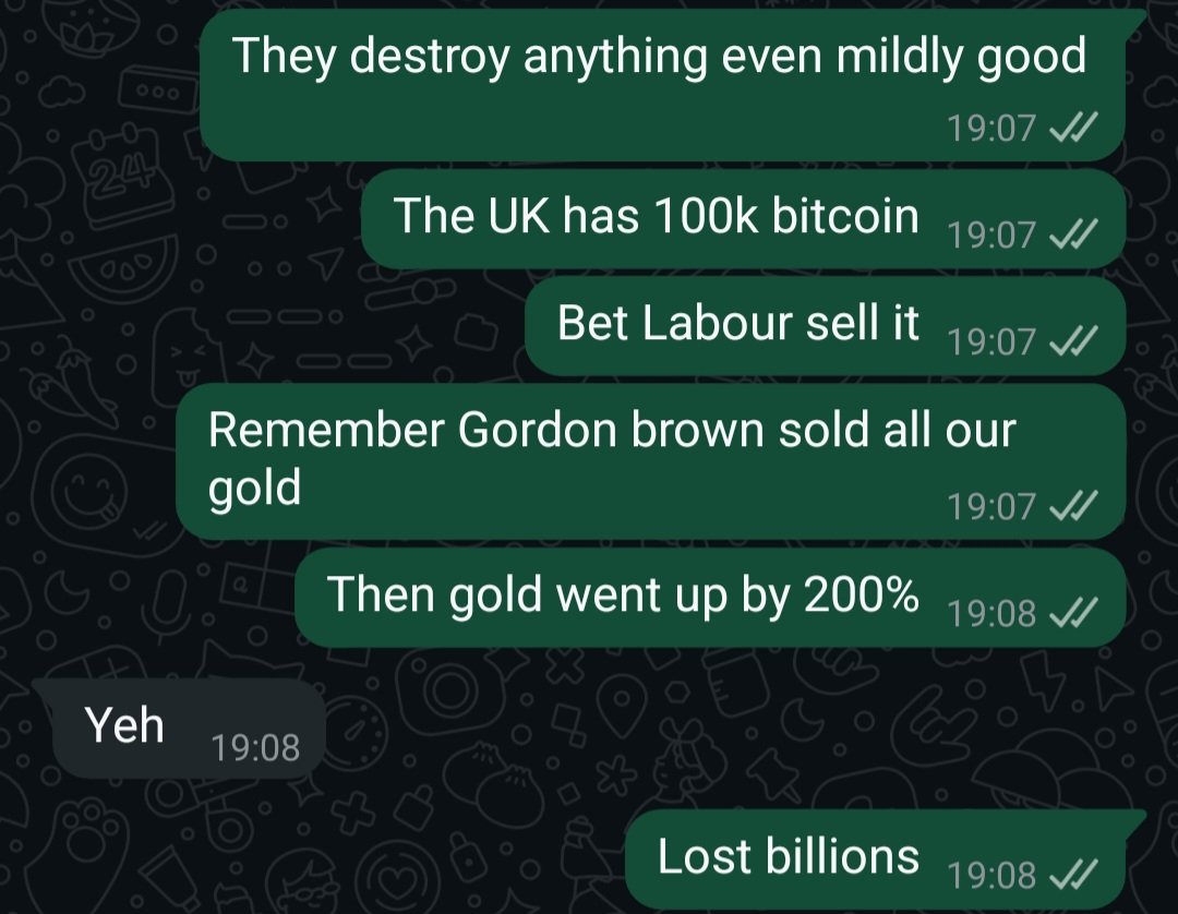 rising_alba's tweet image. Rachel Reeves just announced it may sell all its bitcoin to plug £5billion black hole (gotta pay for migrant hotels somehow!)
This is my conversation with a friend last week, predicting exactly that.
The UK political class is astoundingly stupid and evil.
