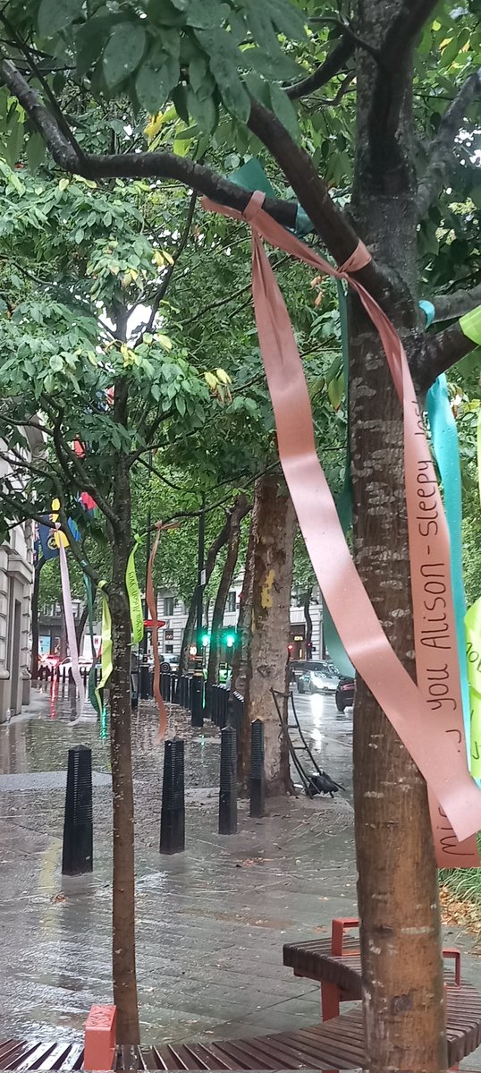 Emhturt's tweet image. few more pictures of the ribbons outside Australia House yesterday light green, turquoise,pink,pinky brown & dark green ribbons for Alison if anyone is passing please add more colours & messages for Alison ❤