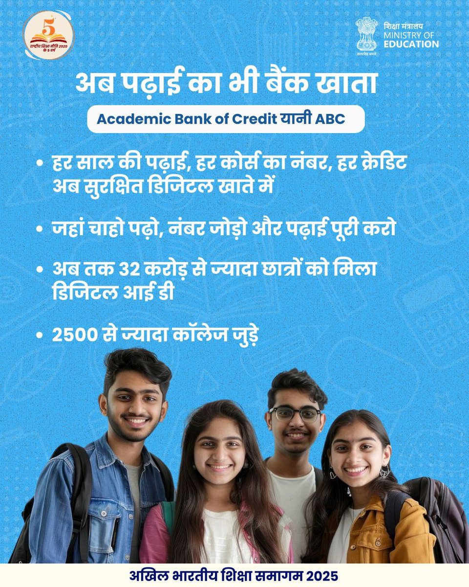 अब पढ़ाई भी डिजिटल हो गई है। हर कोर्स, हर साल के नंबर (क्रेडिट) अब एक डिजिटल खाते में सुरक्षित रहते हैं।

NEP 2020 के तहत 32 करोड़ से ज़्यादा छात्रों को Academic Bank of Credit ID मिली है। इससे पढ़ाई कभी रुकती नहीं — जब चाहो, जहाँ चाहो, पढ़ाई पूरी करो और अपने नंबर जोड़ते रहो।

यह