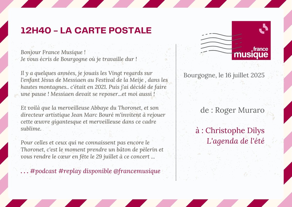 L'agenda de l'été par <a href="/christophedilys/">Christophe Dilys</a> du mercredi 16 juillet 2025 | 12h40 - LA CARTE POSTALE de Roger Muraro
📻👇 #Podcast #Replay <a href="/francemusique/">France Musique</a> 
radiofrance.fr/francemusique/…
[ Séquence à environ 45'35 ]

#musique #culture #Rendezvous #piano #festival #LeThoronet #Var