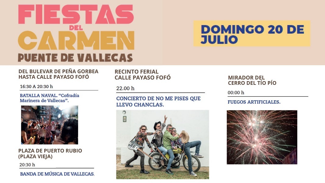 🤗 Aunque este domingo despedimos las Fiestas del Carmen de #PuenteDeVallecas, sin duda será ¡la jornada más divertida!

⛵ Batalla Naval
🎼 Actuación de la Banda de Música de Vallecas
🎼 Concierto del grupo No me pises que llevo chanclas
🎆 Fuegos artificiales

👇