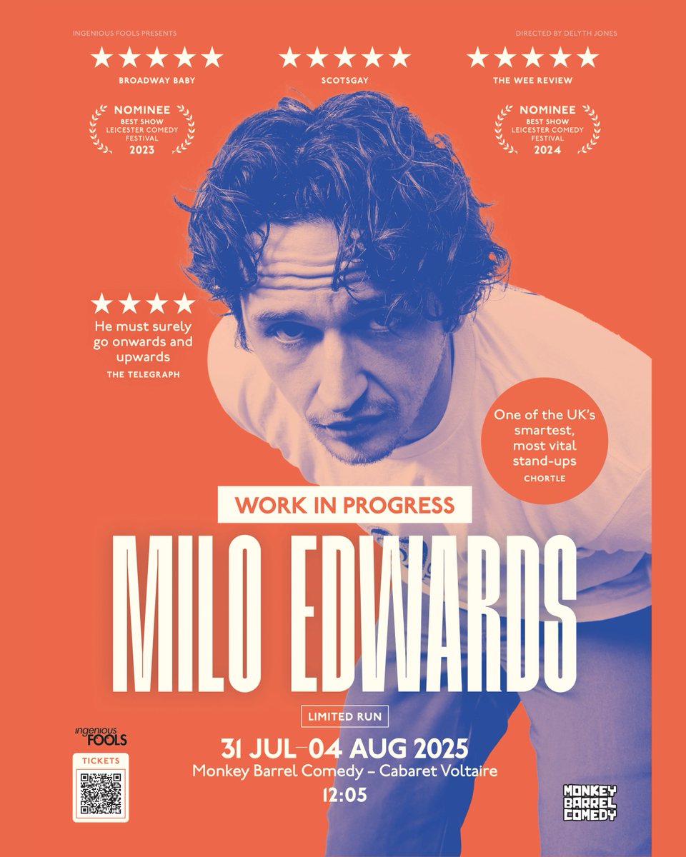 IngeniousFools_'s tweet image. In the run up to @edfringe we'll be sharing the incredible Ingenious Fools clients who are taking shows this year ✨
First up - @Milo_Edwards! Coming to @BarrelComedy with his WIP 31 Jul - 4 Aug: edfringe.com/tickets/whats-…
#IngeniousFools #EdFringe #LineUp #2025