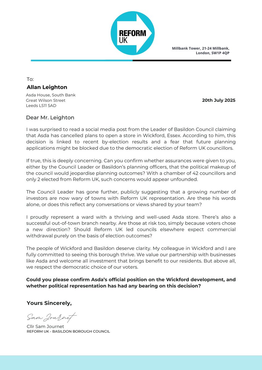ReformUKSam's tweet image. ASDA pulls out of Wickford?
The Labour Leader blames Reform voters.
Reform holds 2 of 42 seats.
Are democratic election results now bad for business?
I've written to ASDA for answers. Wickford deserves truth, not threats.
We’re here to grow, not play politics.…