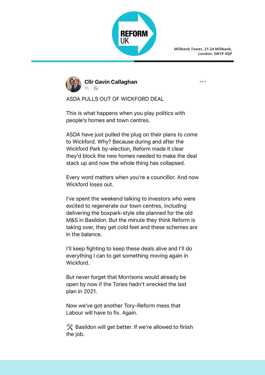 ReformUKSam's tweet image. ASDA pulls out of Wickford?
The Labour Leader blames Reform voters.
Reform holds 2 of 42 seats.
Are democratic election results now bad for business?
I've written to ASDA for answers. Wickford deserves truth, not threats.
We’re here to grow, not play politics.…