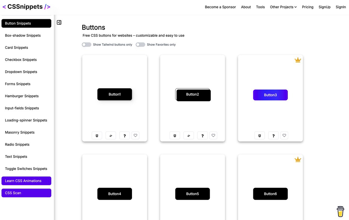 shiba_program's tweet image. フロントエンド書くならこれはブクマしといた方がよさそう

CSSで実装されたいろんなイケてるコンポーネントがアニメーションつきでまとめられてる「CSSnipets」

それぞれのコンポーネントに対し、プレーンなCSS、Tailwind、Reactなどのコードが見れる

どのパーツもおしゃれで即実案件でも使えそう