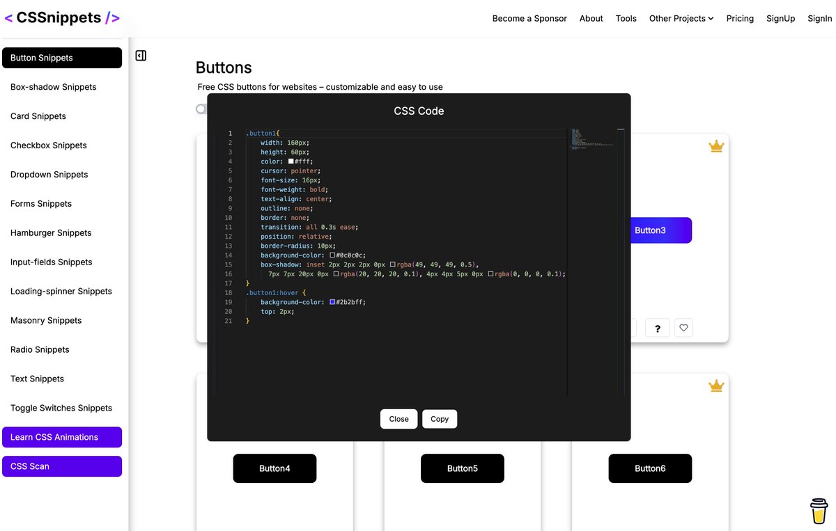 shiba_program's tweet image. フロントエンド書くならこれはブクマしといた方がよさそう

CSSで実装されたいろんなイケてるコンポーネントがアニメーションつきでまとめられてる「CSSnipets」

それぞれのコンポーネントに対し、プレーンなCSS、Tailwind、Reactなどのコードが見れる

どのパーツもおしゃれで即実案件でも使えそう