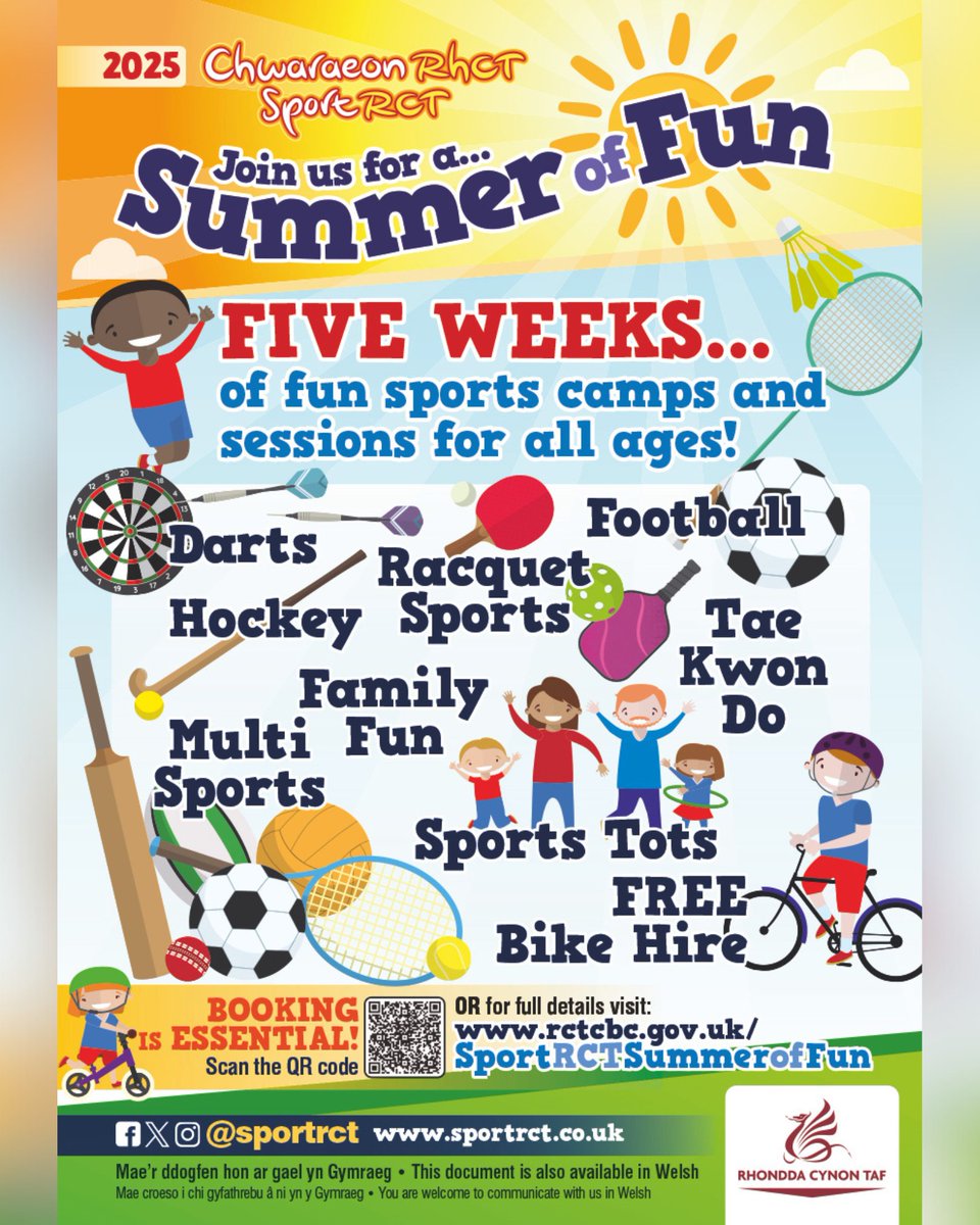 The Sport RCT Summer of Fun starts tomorrow☀️

Have you booked?? Join us for...
⚽️ Football
🚲 Free bike hire
🏑 Hockey
🏅Multi Sports
🧒🏻Tots
🎯Darts
🥋Tae Kwon Do
🏐Family Fun
🏸Racquet Sports

For full details or to book, visit orlo.uk/IxqsO