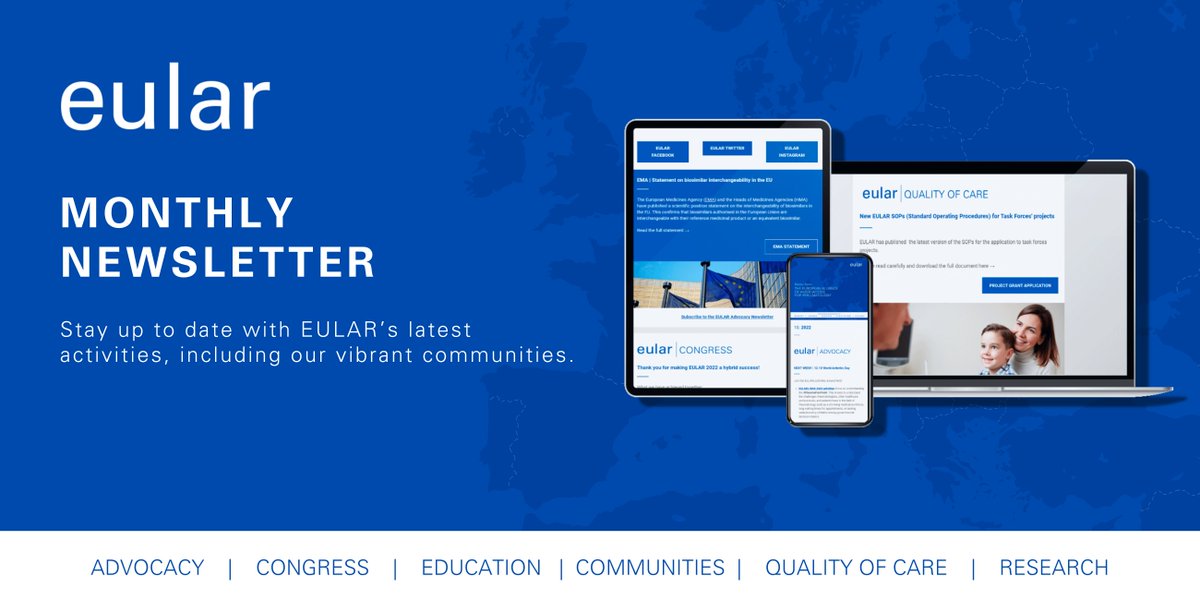 eular_org's tweet image. 📣 Subscribe to #EULAR Newsletter for the latest developments in the field of #Rheumatology!
🙌 Keep up-to-date on everything related to rheumatology, from our work in communities, advocacy, to research and clinical care, and more.
Subscribe here 👉 pulse.ly/upliycww51