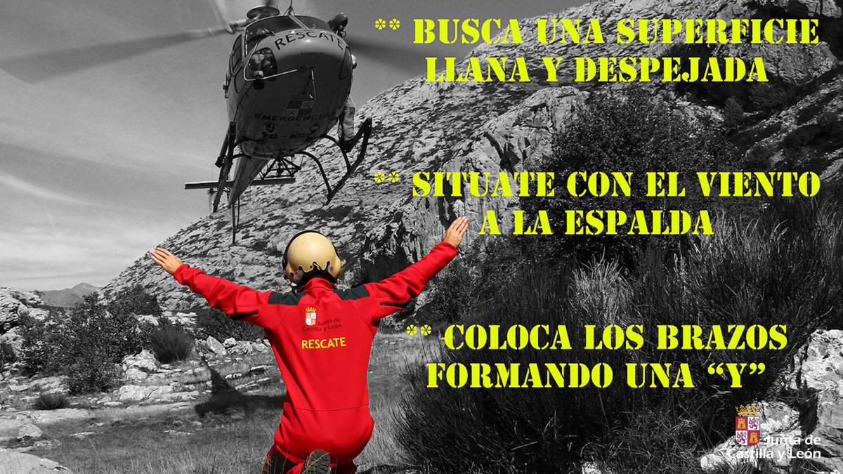 Si acude un 🚁a auxiliarte es fundamental que colabores:
➡️Mantén libre el área de aterrizaje, sujeta todo aquello que pueda salir volando
➡️Muévete con precaución 
➡️Acércate sólo cuando te lo indiquen
➡️Sigue las indicaciones de la tripulación
#rescatescyl