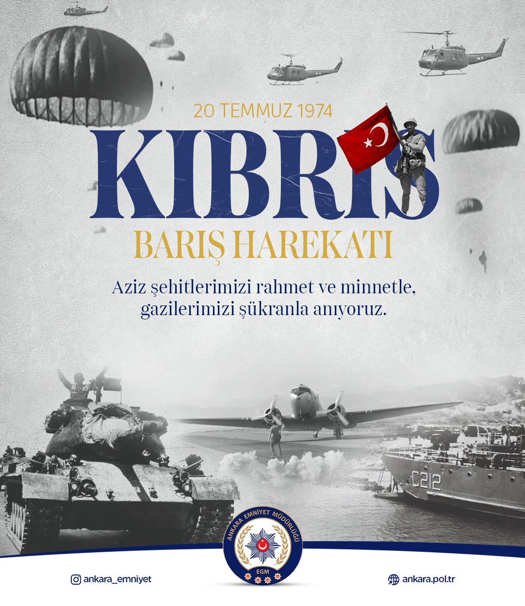 Kıbrıs Barış Harekatı’nın 51. yıl dönümünde aziz şehitlerimizi rahmet ve minnetle, kahraman gazilerimizi şükranla anıyoruz. 🇹🇷 
#KıbrısBarışHarekatı