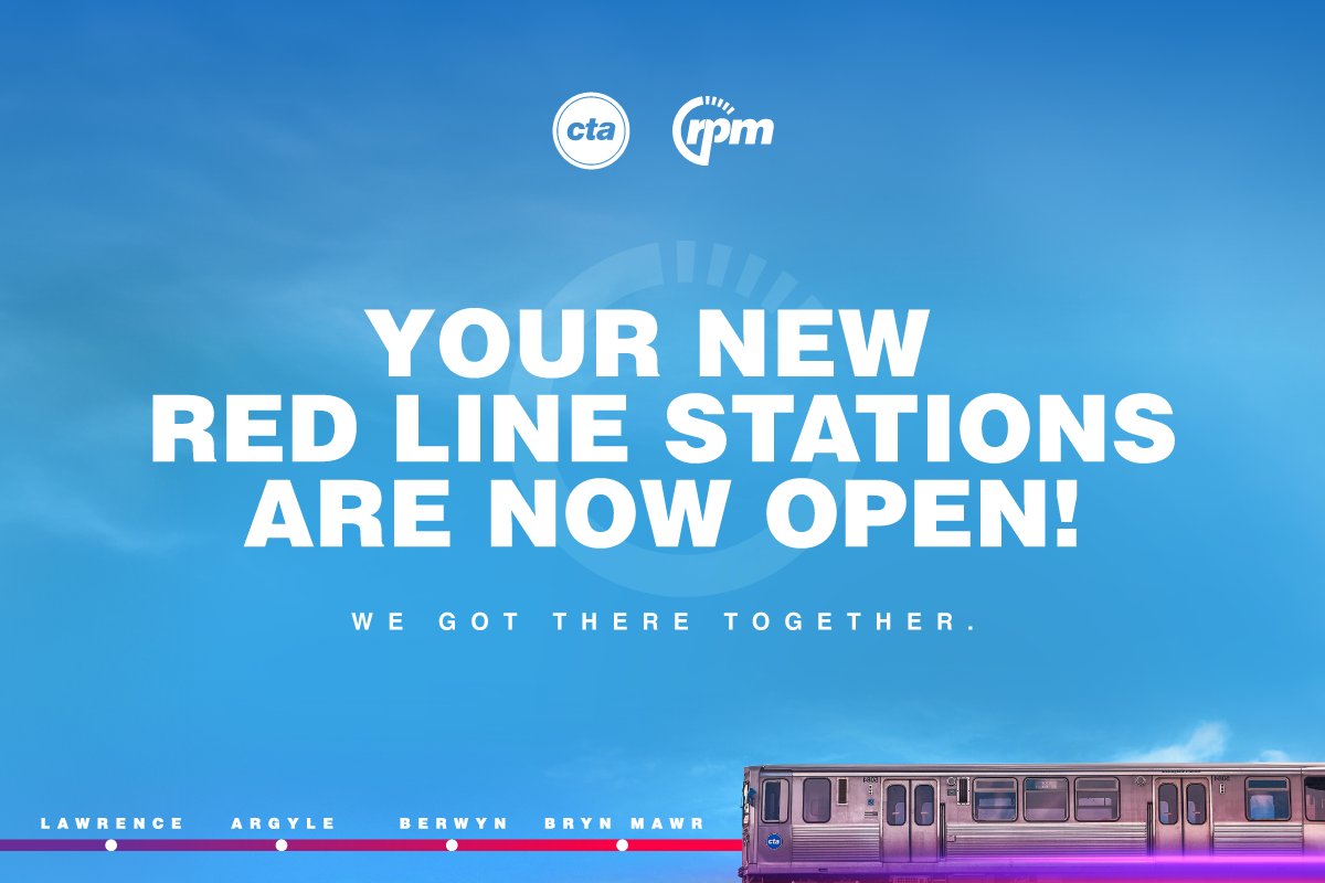 CTARPM's tweet image. Chicago, LET’S RIDE! Today, our newly rebuilt stations at Lawrence, Argyle, Berwyn, and Bryn Mawr are open with escalators, elevators, wider platforms and more. See you on your new Red Line! And enjoy the ride! #CTARPM #Chicago
