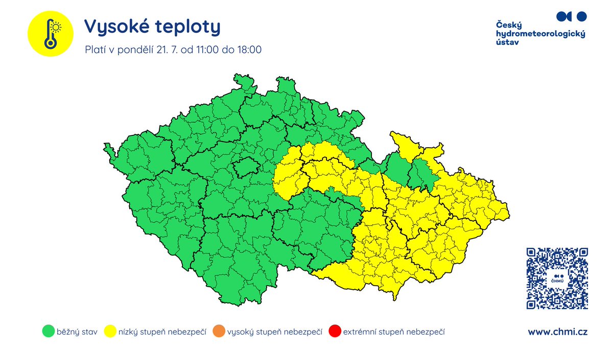 ⚠️VÝSTRAHA ČHMÚ PŘED VYSOKÝMI TEPLOTAMI

🌡Dnes, v neděli 20. 7. odpoledne překročí maximální teploty v nižších a středních polohách Čech a jižní Moravy 31 °C.

🥵V pondělí 21. 7. se zejména odpoledne očekávají maximální teploty nad 31 °C především v nižších a středních polohách