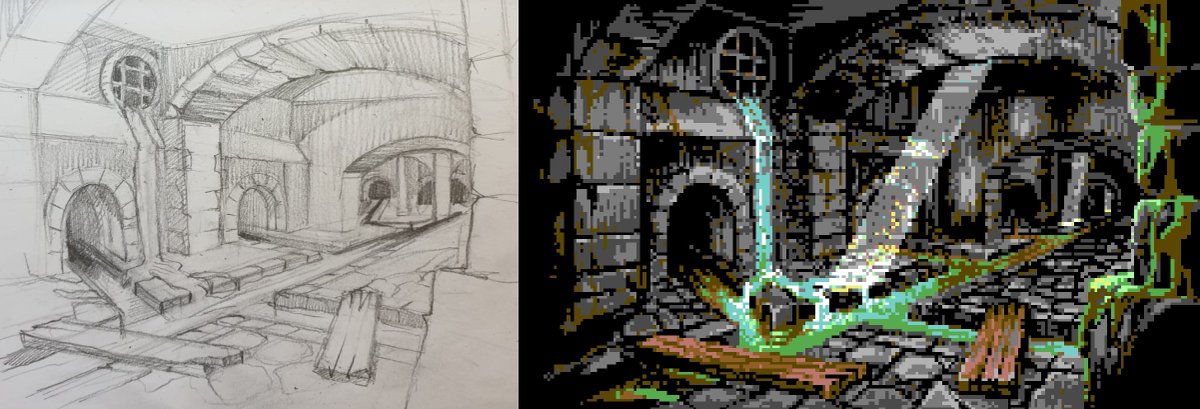 The  #C64 palette is so versatile, it's fun to like add in effects like the shafts of light for this sewers location.  
Creating drama with shadows makes for the most satisfying pixel pieces in my eyes.
#retrogaming #pixelartist