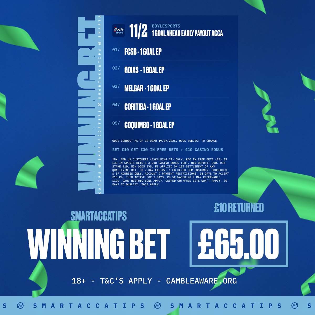 SmartAccaTips's tweet photo. 💥 15/2, 7/1, 11/2 &amp; 6/5 WINNERS YESTERDAY!!!!

💚 LIKE to unlock today's bets! 

🙌 You'll need a BoyleSports account if you're getting involved: https://t.co/tQfHQAVwDg

🎁 Join today, bet £10 &amp; get £40 in FREE BETS!!!

Ad | GambleAware | 18+ | T&amp;C's Apply https://t.co/6Y7HEIOLjO
