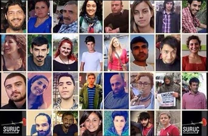 Yiğitlik inkar gelinmez 
   Tek'e - tek döğüşte yenilmediler 
   Bin yıllardan bu yan, bura uşağı
   Gel haberi nerden verek 
   Turna sürüsü değil bu 
   Gökte yıldız burcu değil 
   Otuzüç kurşunlu yürek 
   Otuzuç kan pınarı 

Ahmed Arif 

#SurucKatliamı 
#Surucunİzinde10Yıl