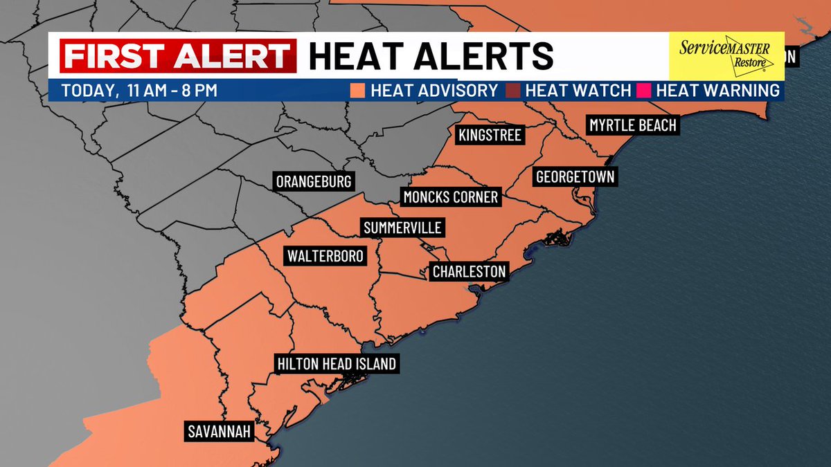 ChrisHoltzmanWx's tweet image. A HEAT ADVISORY is in effect from 11 AM through 8 PM. High temperatures will be in the mid/upper 90s and when you factor in the humidity, the heat index will approach if not exceed 108 degrees. Make sure to take precautions if you will be outdoors for an extended period of time.